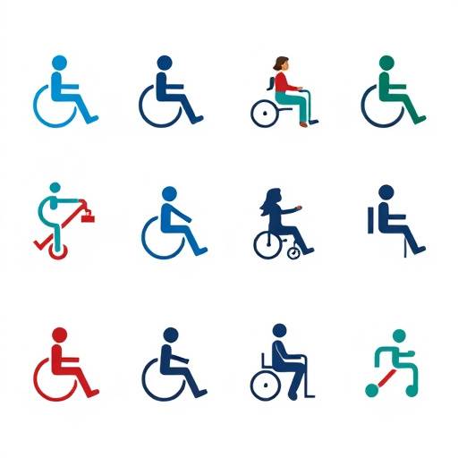 A collection of accessibility icons representing various disabilities, including visual, auditory, physical, and cognitive impairments.