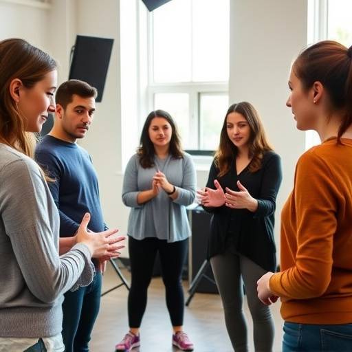 A group of students participating in an acting exercise in a studio, demonstrating hands-on learning at Thespian Arts Academy, with an instructor providing guidance.