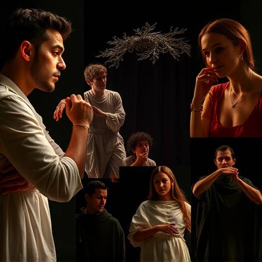 Collage showing different acting styles: classical theatre, film acting, and improvisational performance, showcasing the breadth of acting techniques covered at Thespian Arts Academy.
