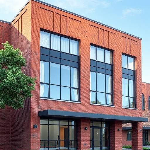 Exterior view of Thespian Arts Academy building in Los Angeles, a modern brick building with large windows.