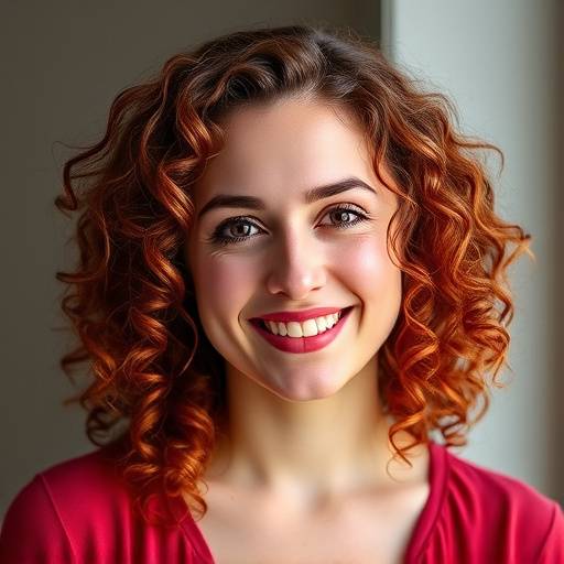 Headshot of Serena Davies, a vibrant woman with curly hair, specializing in voice and movement training at Thespian Arts Academy.