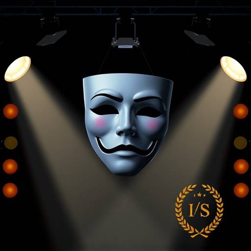 Thespian Arts Academy Logo - A stylized theatrical mask with spotlights behind it.