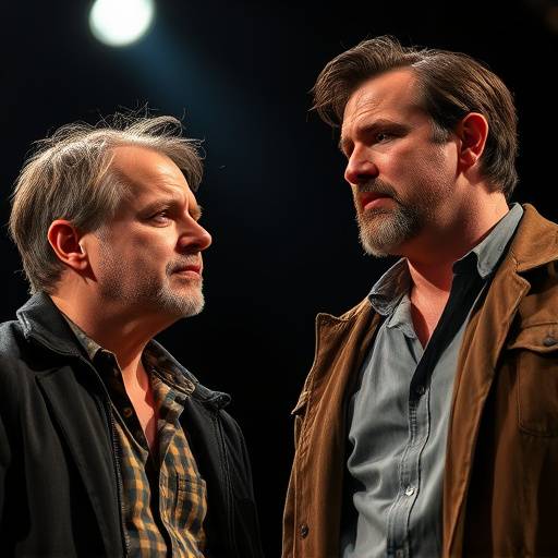 Two actors passionately performing a scene on stage, dramatic lighting highlights their expressions.